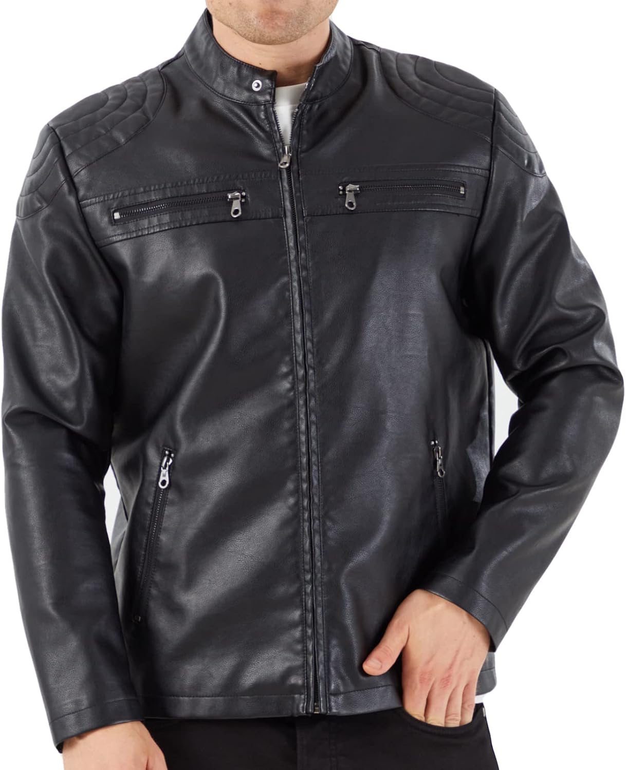 Men's Casual Stand-Collar Faux Leather Jacket with Motorcycle Styling