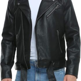 Men's Faux Leather Bomber Jacket with Asymmetric Zip and Lapel Collar