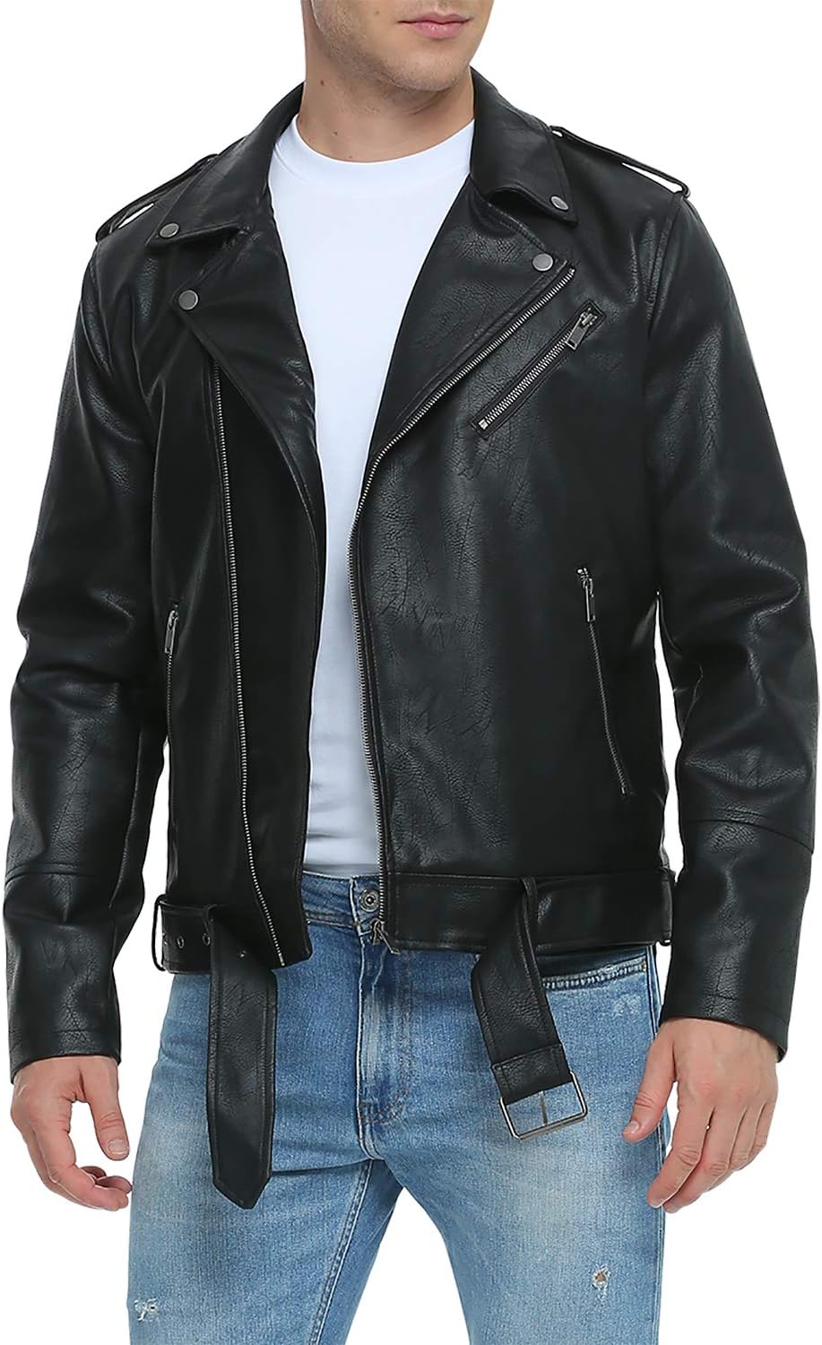 Men's Faux Leather Bomber Jacket with Asymmetric Zip and Lapel Collar