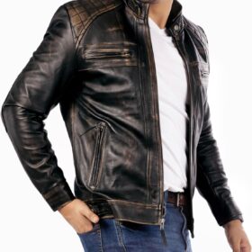 Men's Diamond-Pattern Lambskin Leather Jacket with Motorcycle Styling