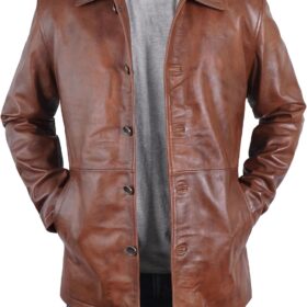 Men's Long Lambskin Leather Coat with a Button-Front Design