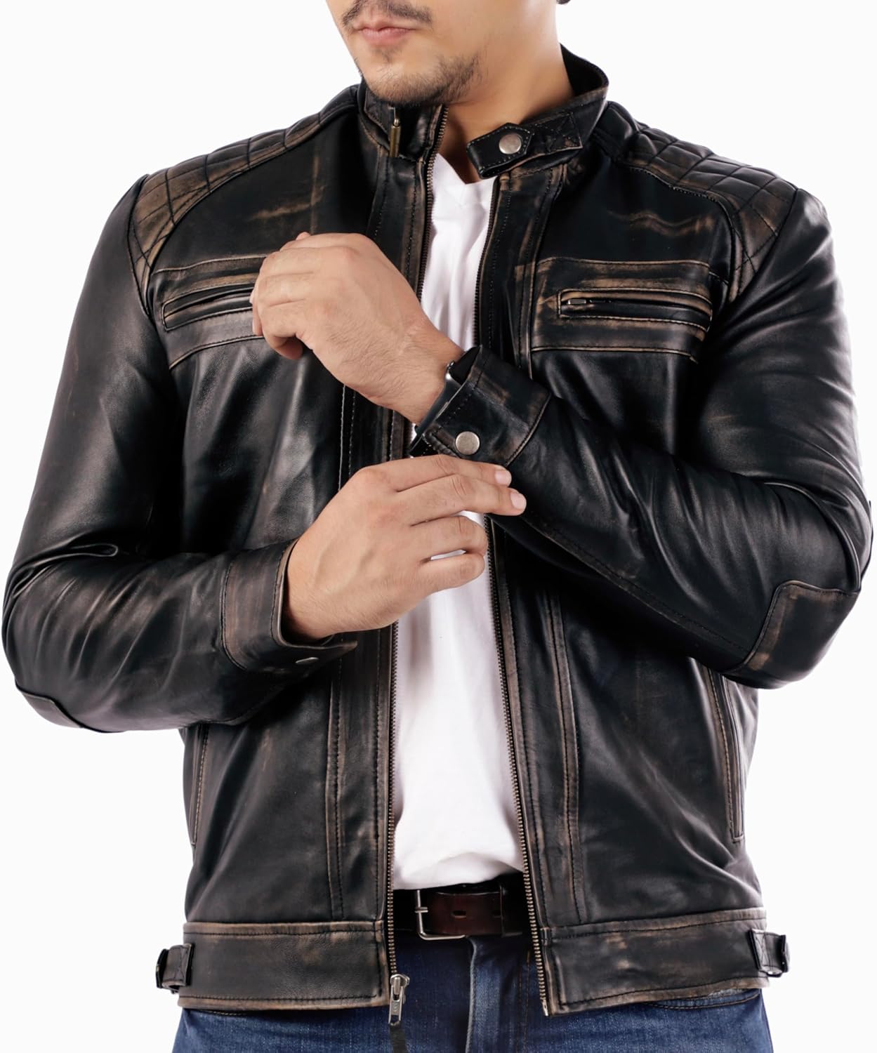 Men's Diamond-Pattern Lambskin Leather Jacket with Motorcycle Styling - Image 2