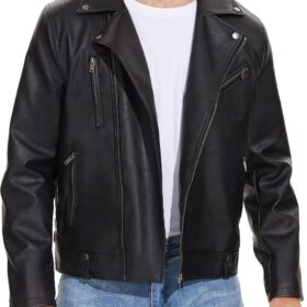 Men's Slim-Fit Faux Leather Motorcycle Jacket with an Asymmetric Front
