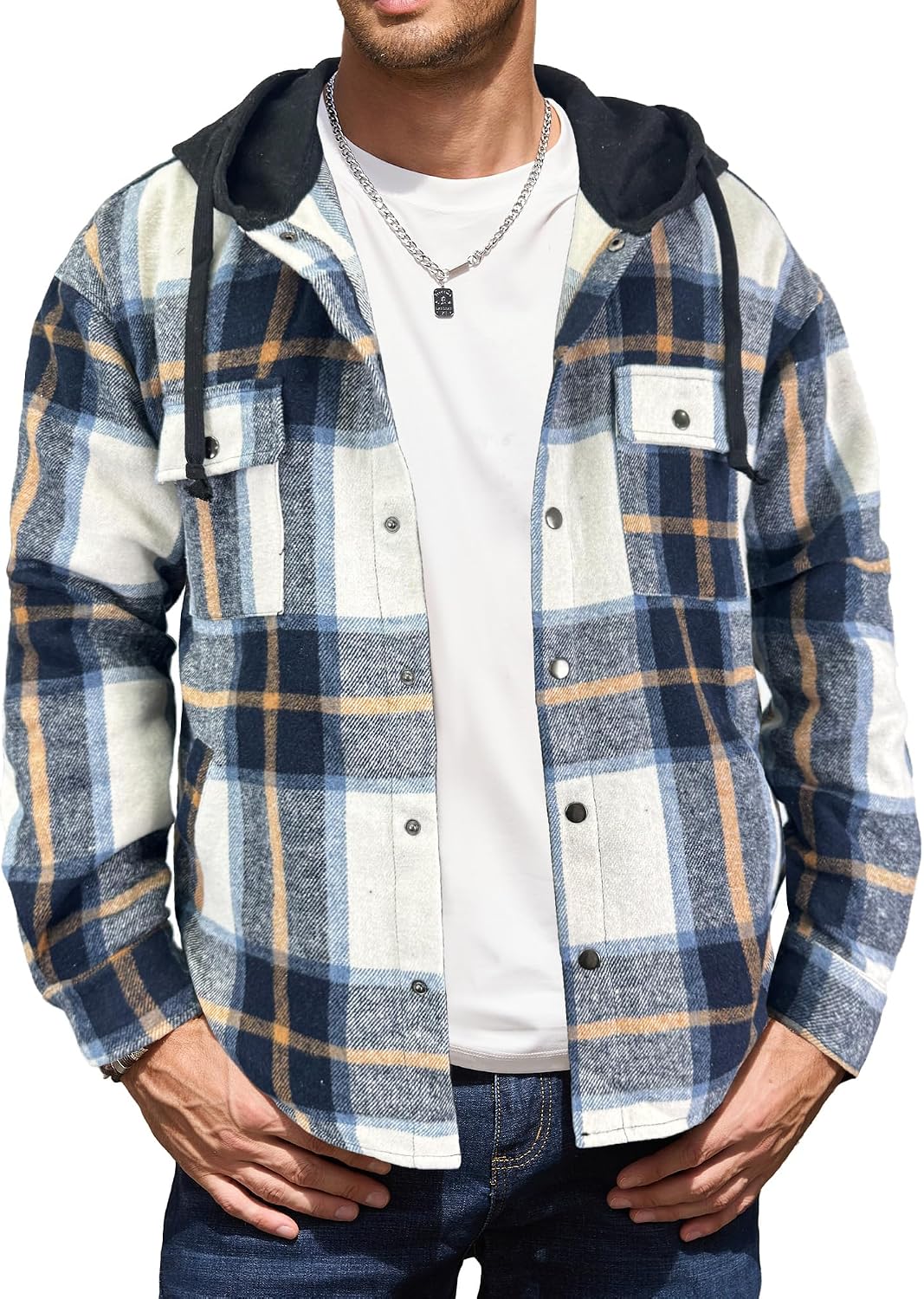 Men's Long-Sleeve Plaid Flannel Shirt Jacket with Button Closure and Pockets